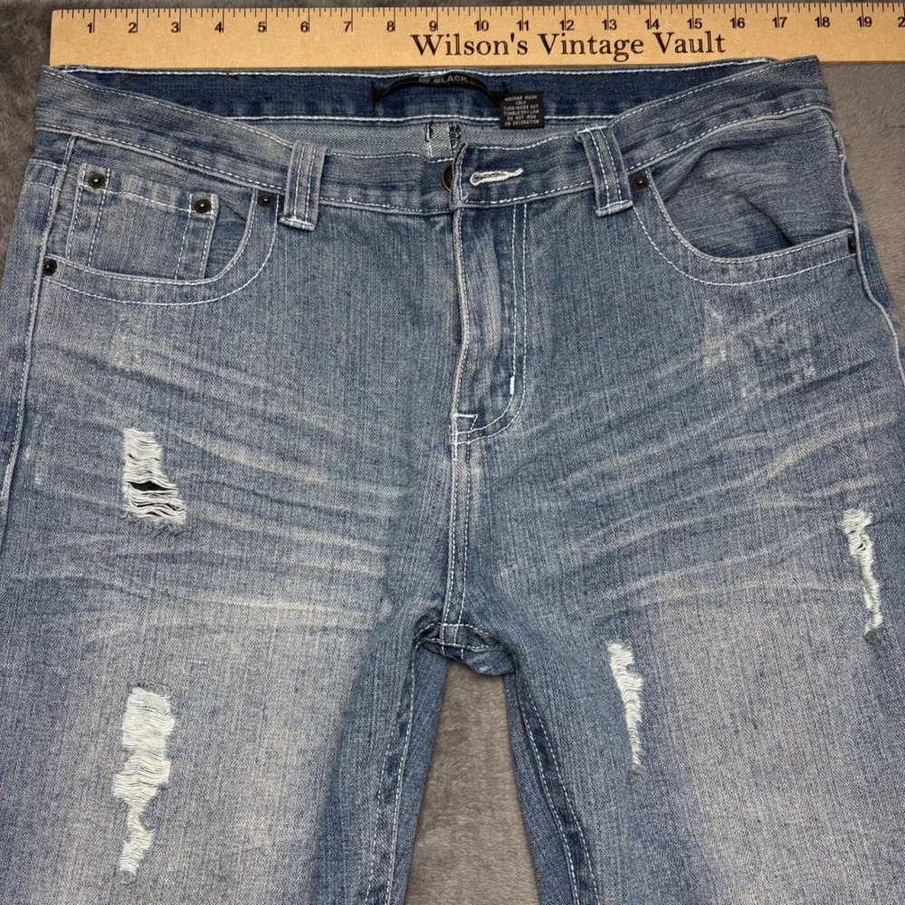 EJ Black‎ Jeans Mens 34 Light Wash Cross Embroidered Distressed Straight Leg Y2K - Picture 5 of 11